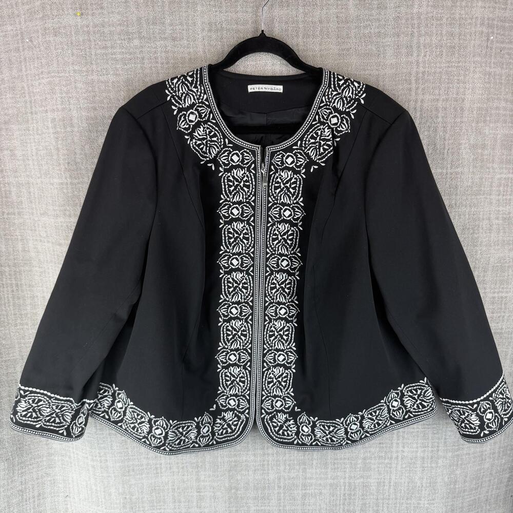 Peter Nygard Jacket Womens L Black Embroidered Hawaiian Crepe Short Zip